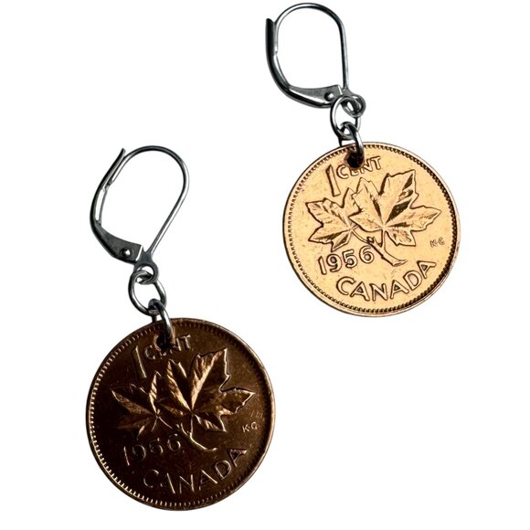 Canadian Penny Pierced Dangling Earrings Repro of 1956 Copper Currency - Picture 3 of 5
